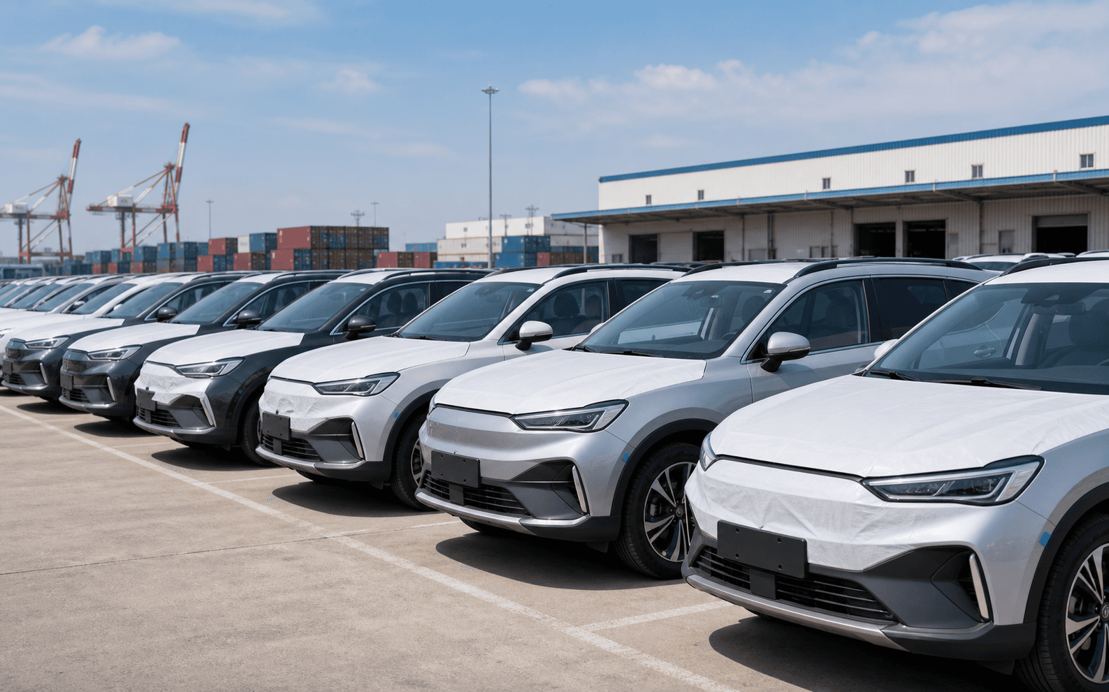 New cars arranged in a China export delivery compound