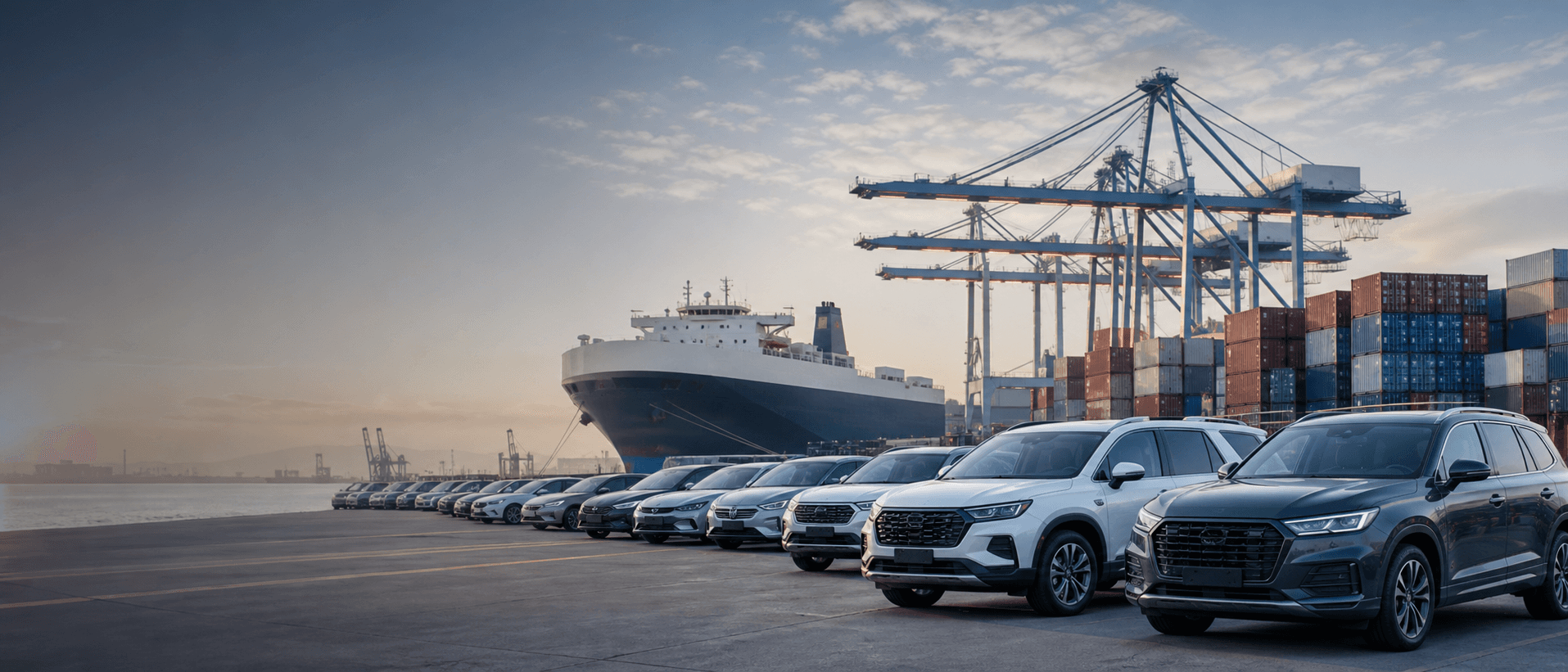 Vehicles staged for export at a port terminal in China